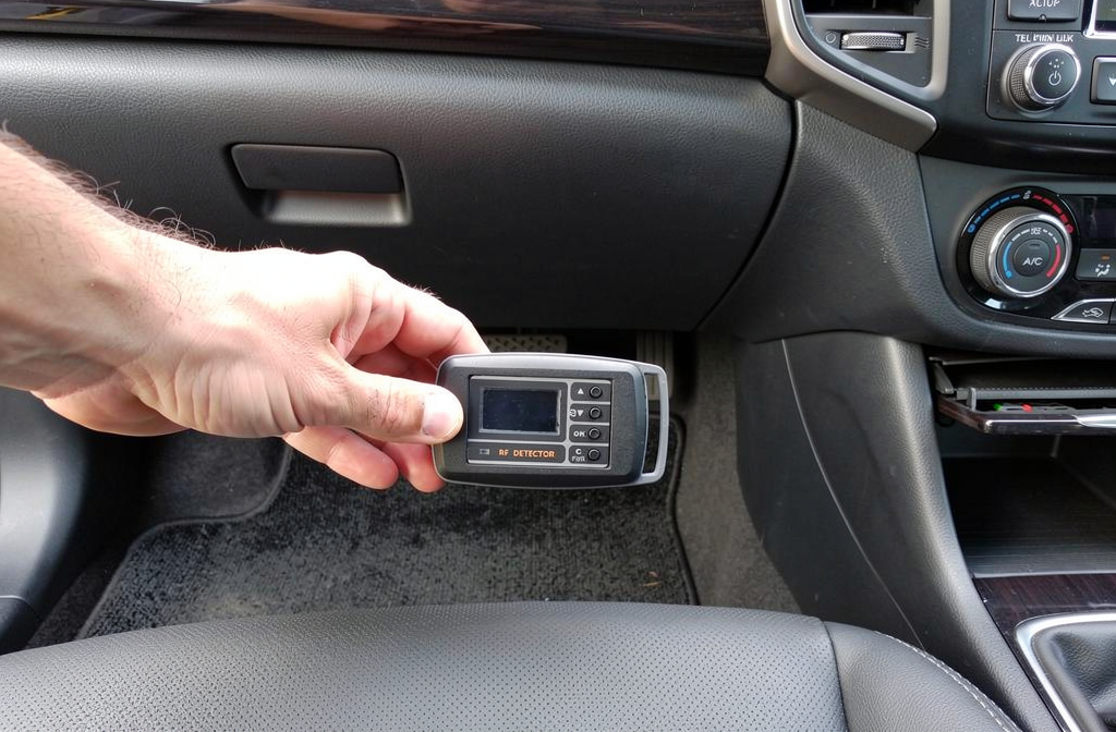 Une personne utilise un détecteur RF pour scanner l'intérieur de sa voiture à la recherche d'AirTags indésirables.