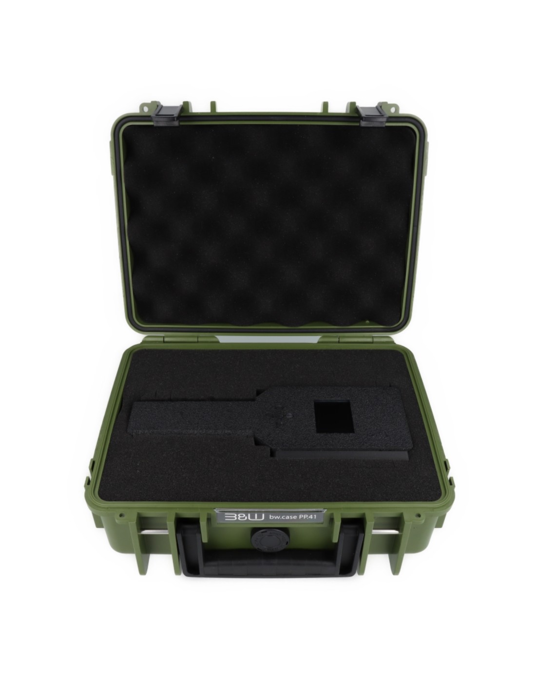 Etui de protection rigide vert kaki ouvert, avec mousse intérieure noire sur mesure pour matériel de surveillance.