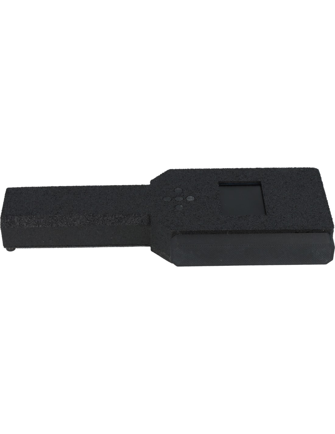 Lecteur ou enregistreur noir en mousse, forme rectangulaire avec petit écran et bouton-pavé circulaire, interface sur le dessus.