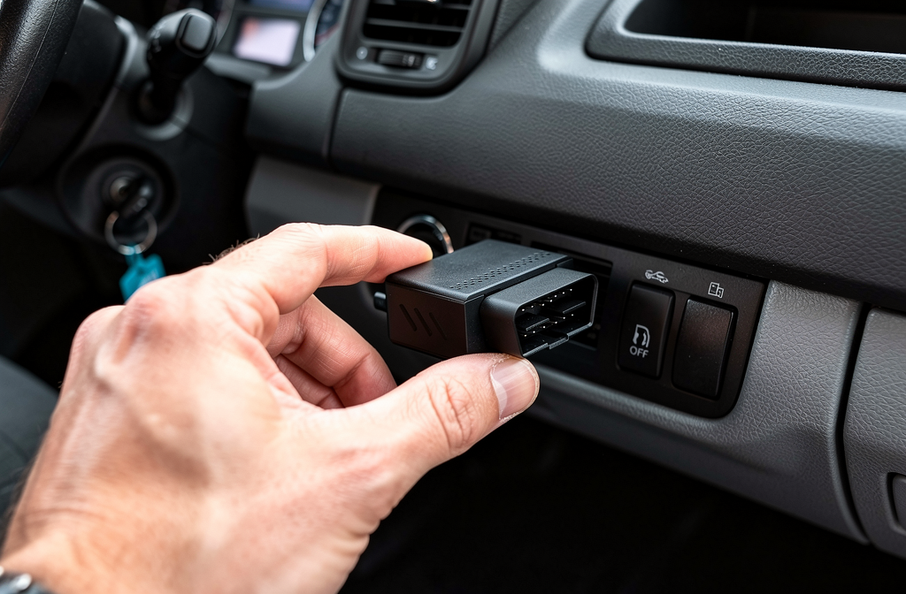 Boîtier GPS de géolocalisation connecté au port OBD d'un véhicule professionnel