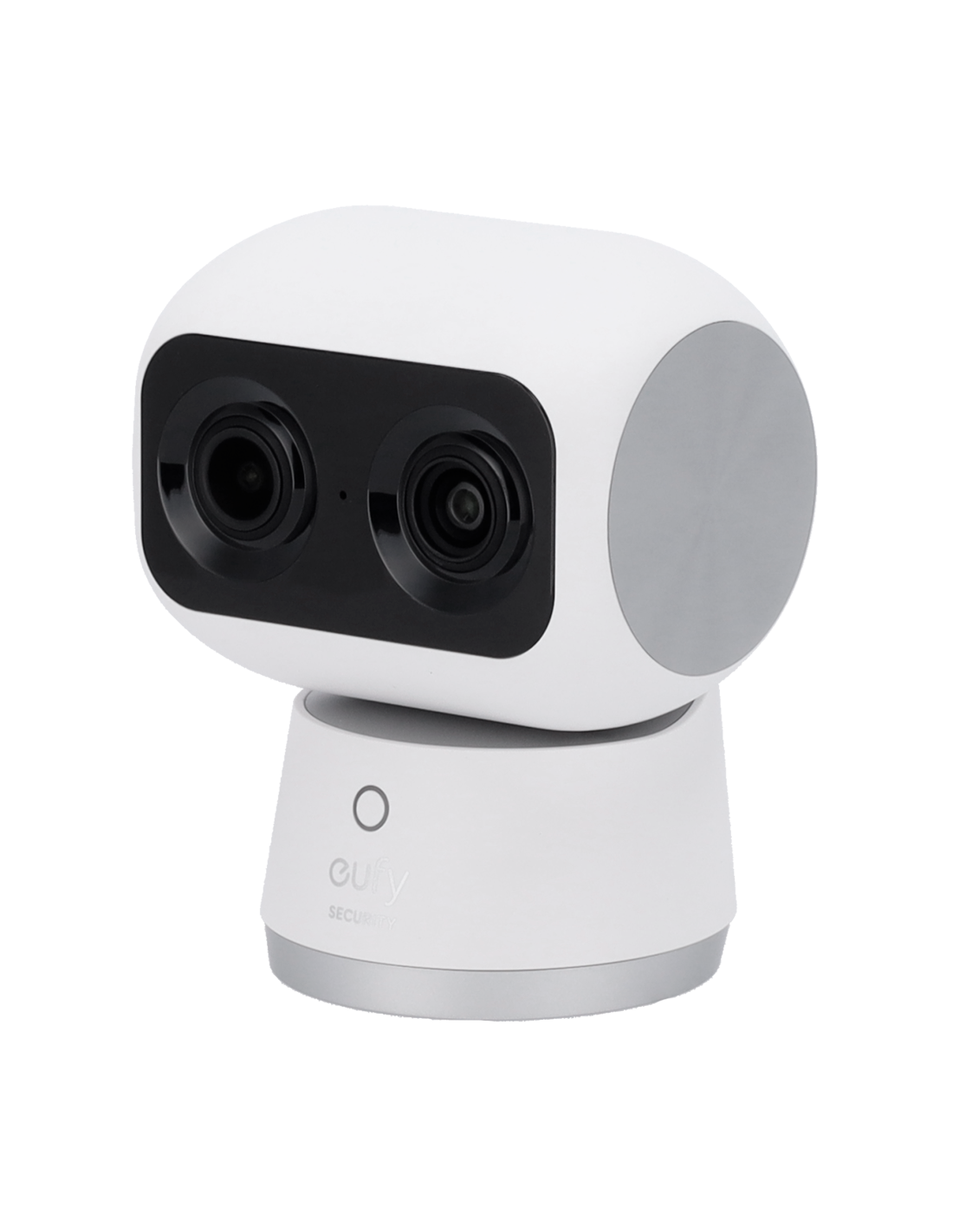 Caméra de surveillance double lentille noire montée sur socle blanc, style futuriste, logo “eufy SECURITY” visible.
