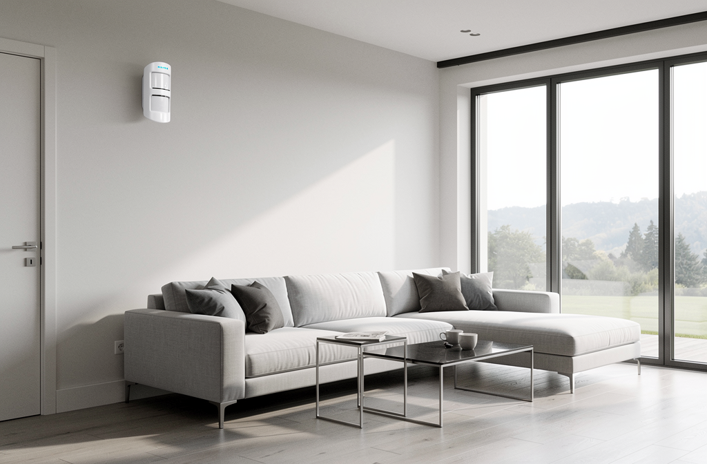 Détecteur de mouvement connecté blanc installé dans un salon moderne surveillant l'entrée