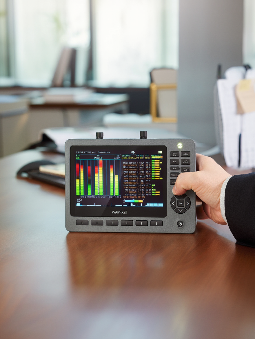 Détecteur de radiofréquence WAM-X25 utilisé par un technicien pour détecter des signaux GSM et RF dans une pièce.