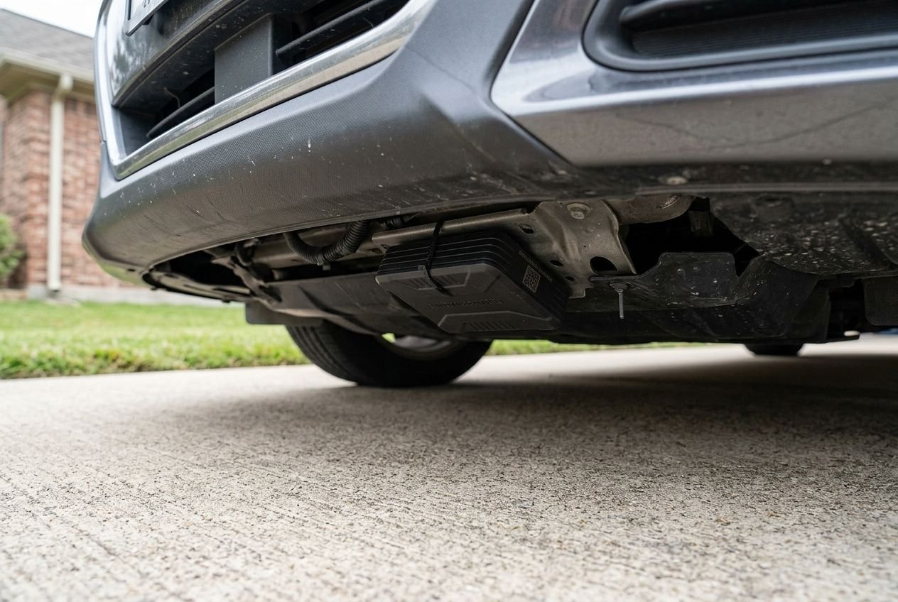 Traceur GPS sans abonnement fixé sous le pare-chocs d'une voiture garée dans une allée.