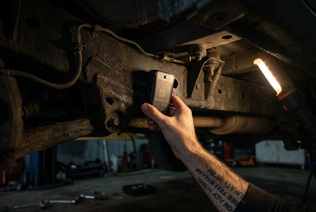 Traceur GPS magnétique fixé sous le châssis d'une voiture dans un garage
